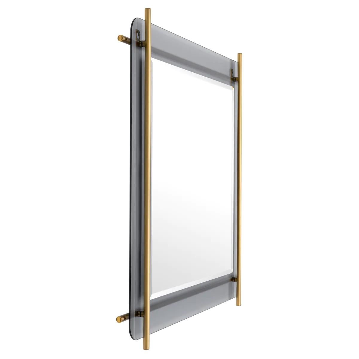 Mirror Rods Square with bevelled smoke glass
frame with stainless steel rods in brushed brass 
finish and with clear mirror glass.