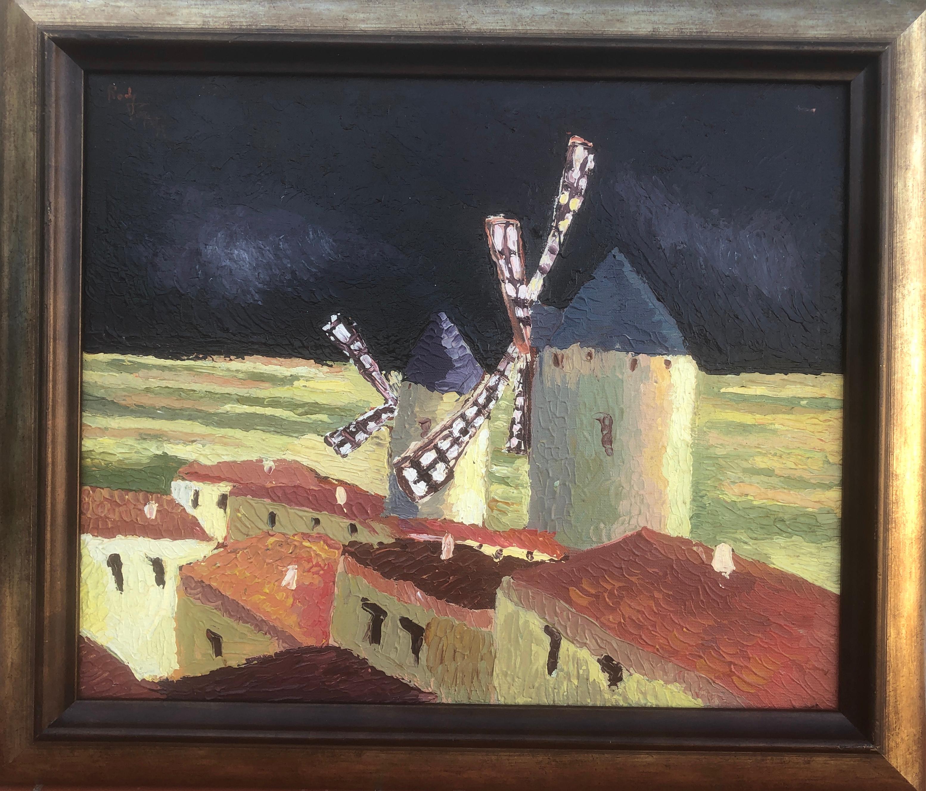 Windmills Lloret de Mar Spain spanish landscape oil on canvas painting - Painting by Rody