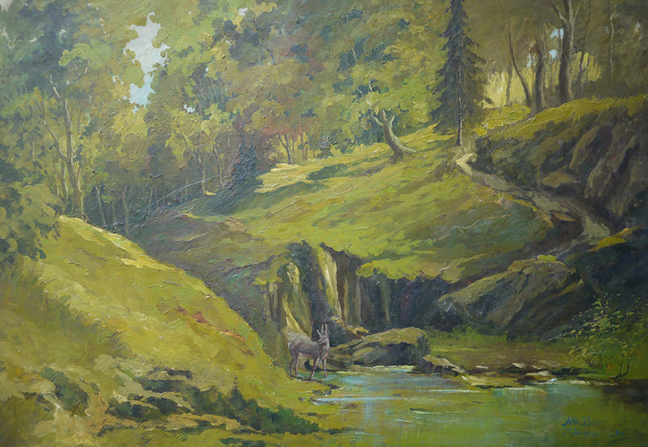 Roe deer in the wood - forest with stream

Measures: cm70 x cm100 (without frame) - oil on canvas - 1934
Painted by broad brushstrokes rich in material, with warm and well-balanced colors.

Albert Berr, painter, violinist and merchant, active
