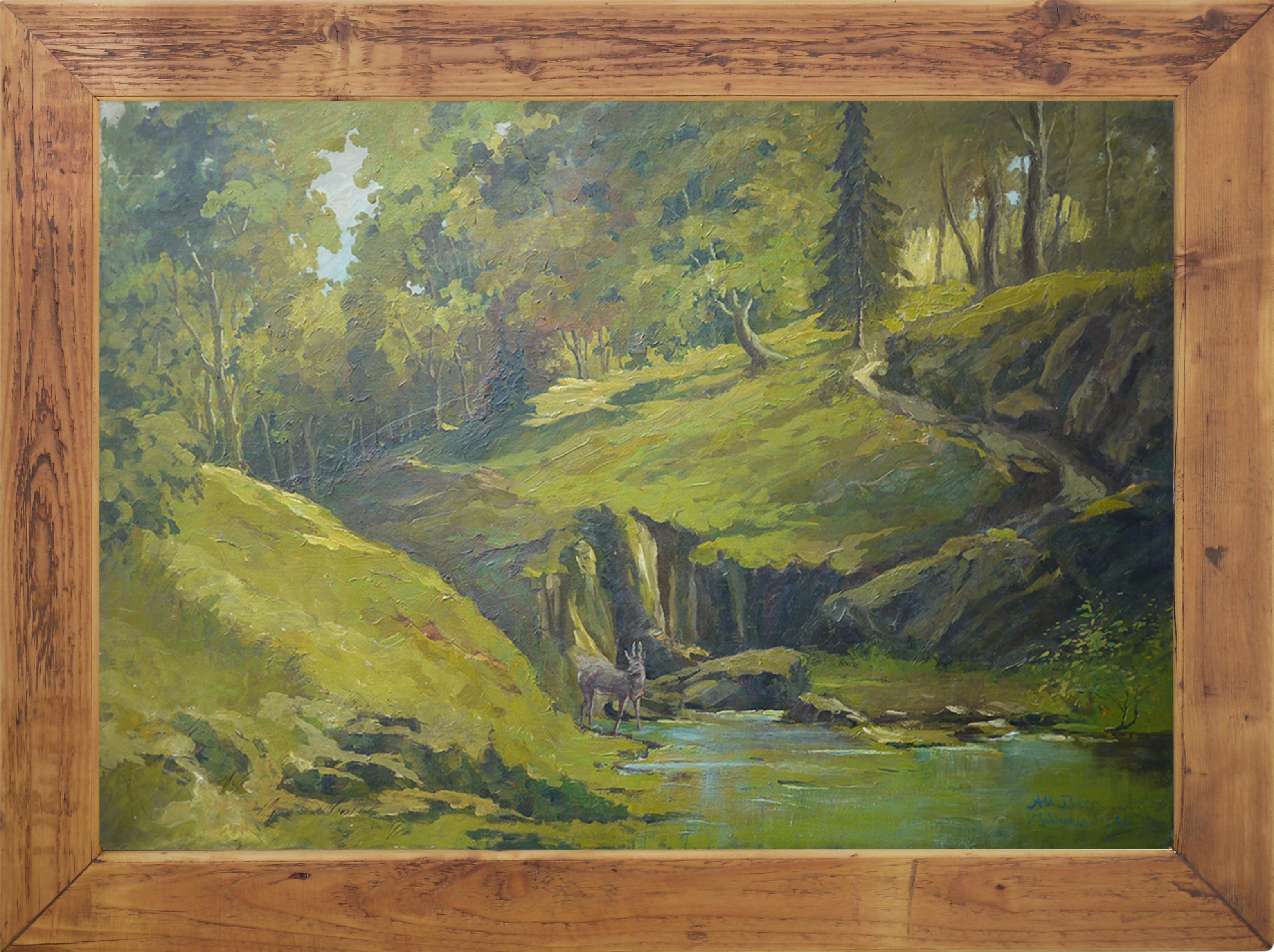 German Roe Deer, Albert Berr, Oil on Canvas Painting, 1934