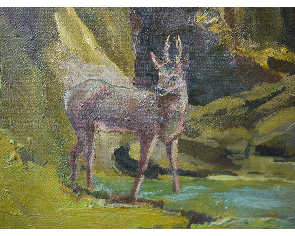 Mid-20th Century Roe Deer, Albert Berr, Oil on Canvas Painting, 1934