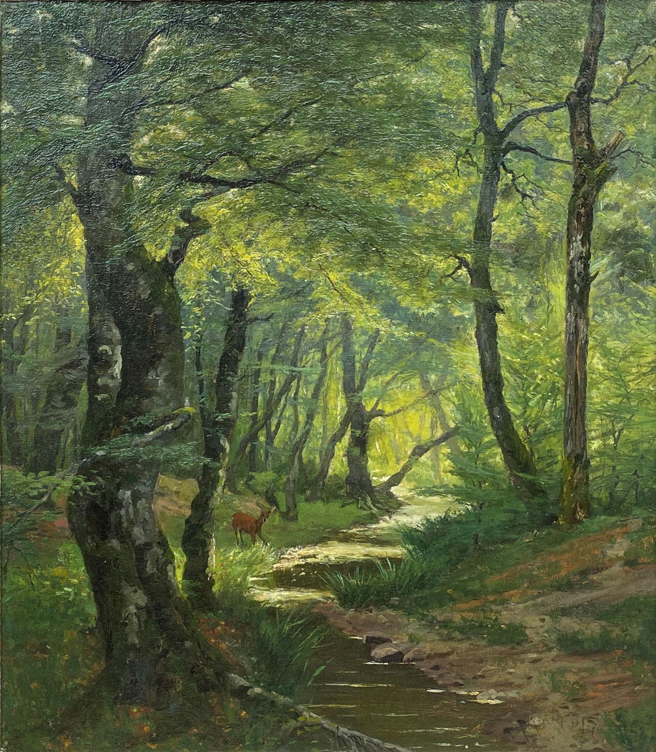 Late 19th Century Roe Deer in the Woods Painting by Arthur Thiele