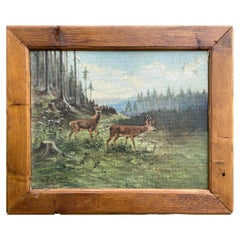 Antique Roe Deer Painting Oil on Canvas
