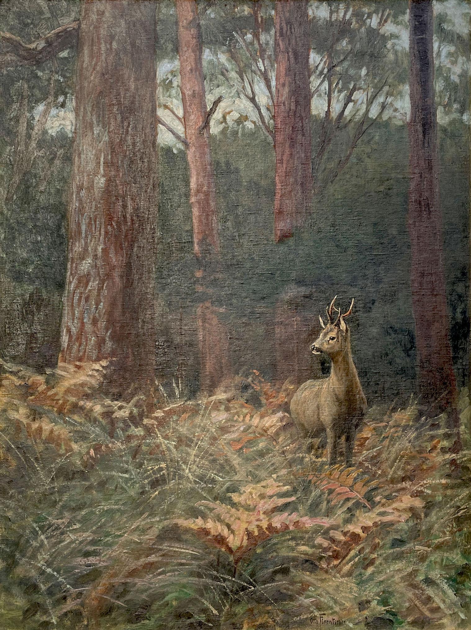 Fikentscher, Otto (1862 - 1945) - Roe deer in the forest

Measures: 90 x 65 cm - dimensions referring to the canvas only
102 x 78 cm - frame size included
Oil painting on canvas, signed lower right.
1910s era.

A male roe deer, in its