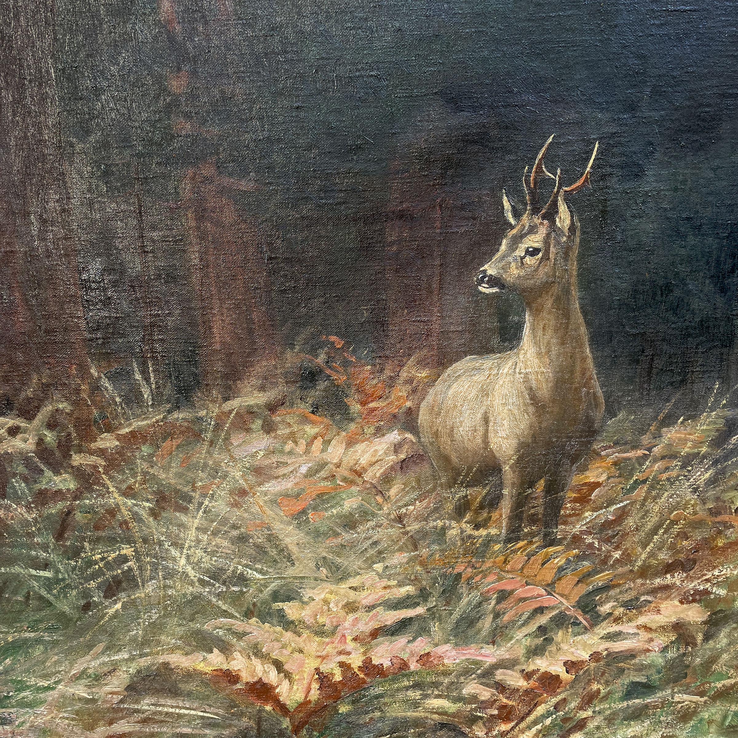 German Roe Deer Painting, Oil on Canvas, Otto Fickentscher, 1910