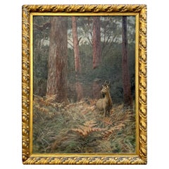 Antique Roe Deer Painting, Oil on Canvas, Otto Fickentscher, 1910