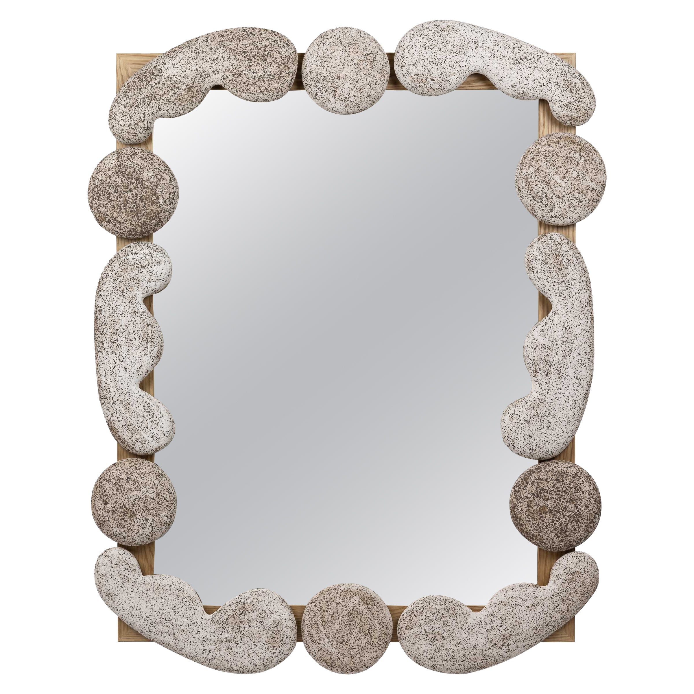 Roebling Wall Mirror, Ceramic & Hardwood, Organic Modern, Sculptural