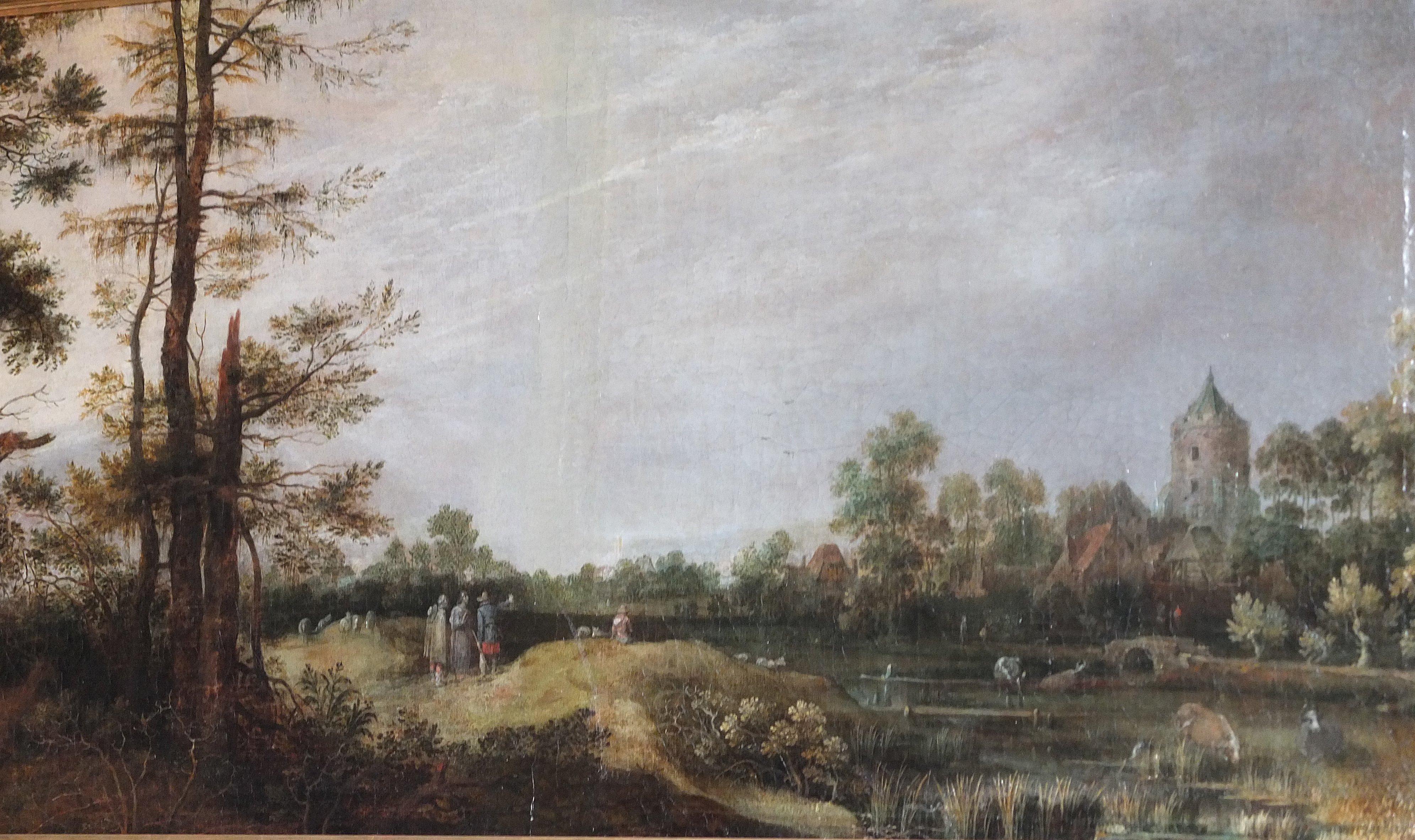 Strada per Emmaus in un paesaggio, Pellegrini, Gillis de Hondecoeter, Antico Maestro in vendita 1