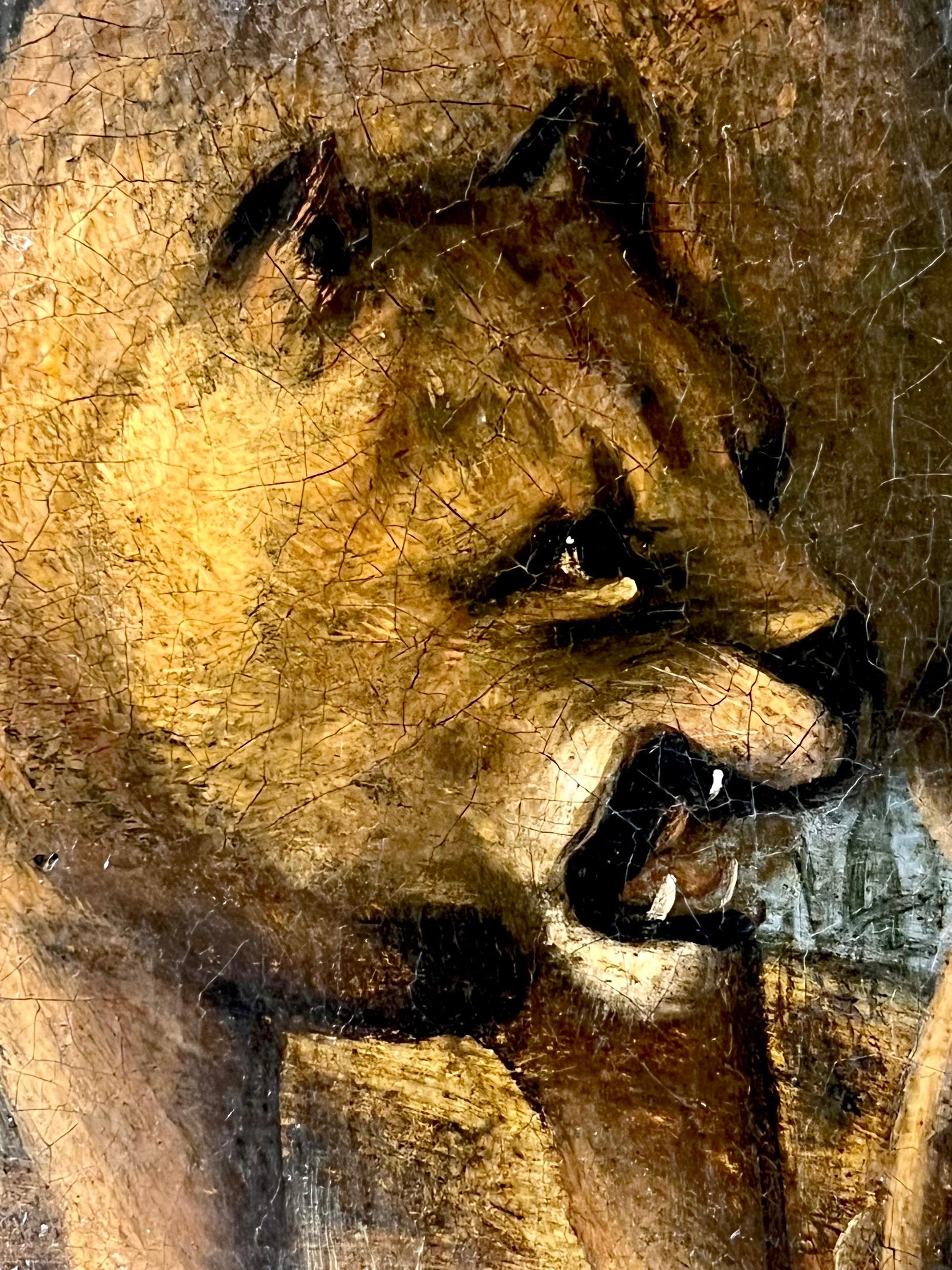 Old master oil from 1661 - Majestic lion hunting landscape - Brueghel hunt 1