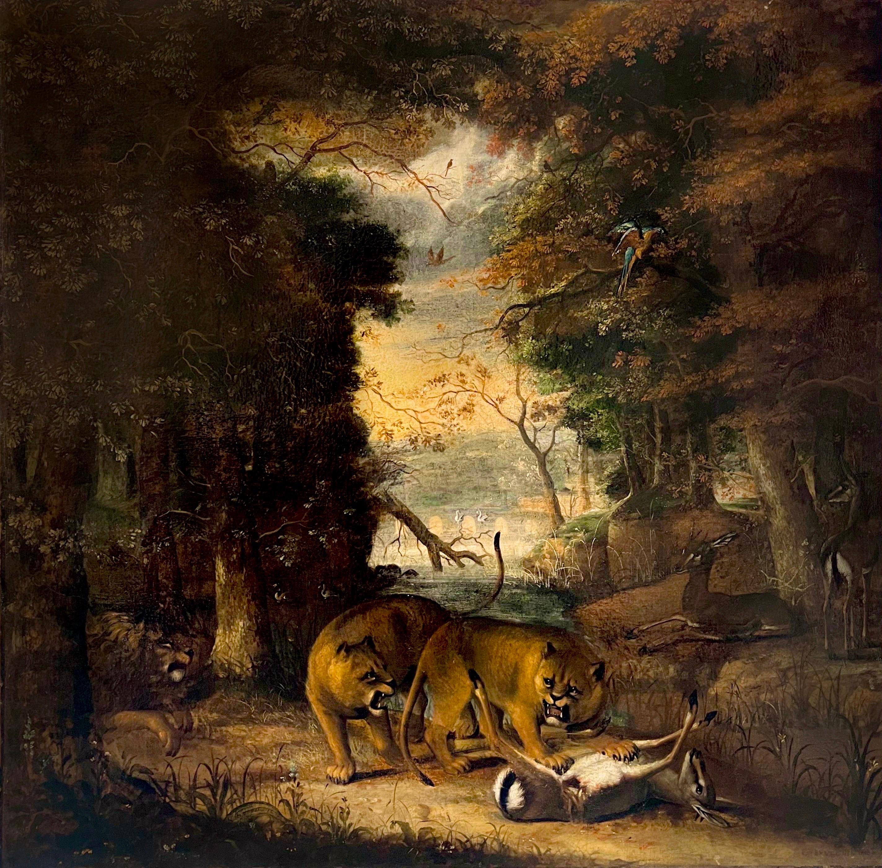 Roelant Savery (follower of) Landscape Painting - Old master oil from 1661 - Majestic lion hunting landscape - Brueghel hunt