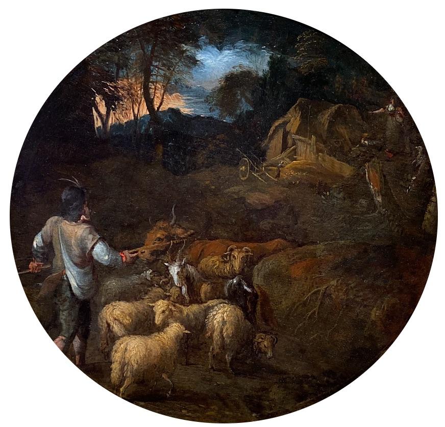 Roelant Savery Landscape Painting - Shepherd with his Herd at Dusk
