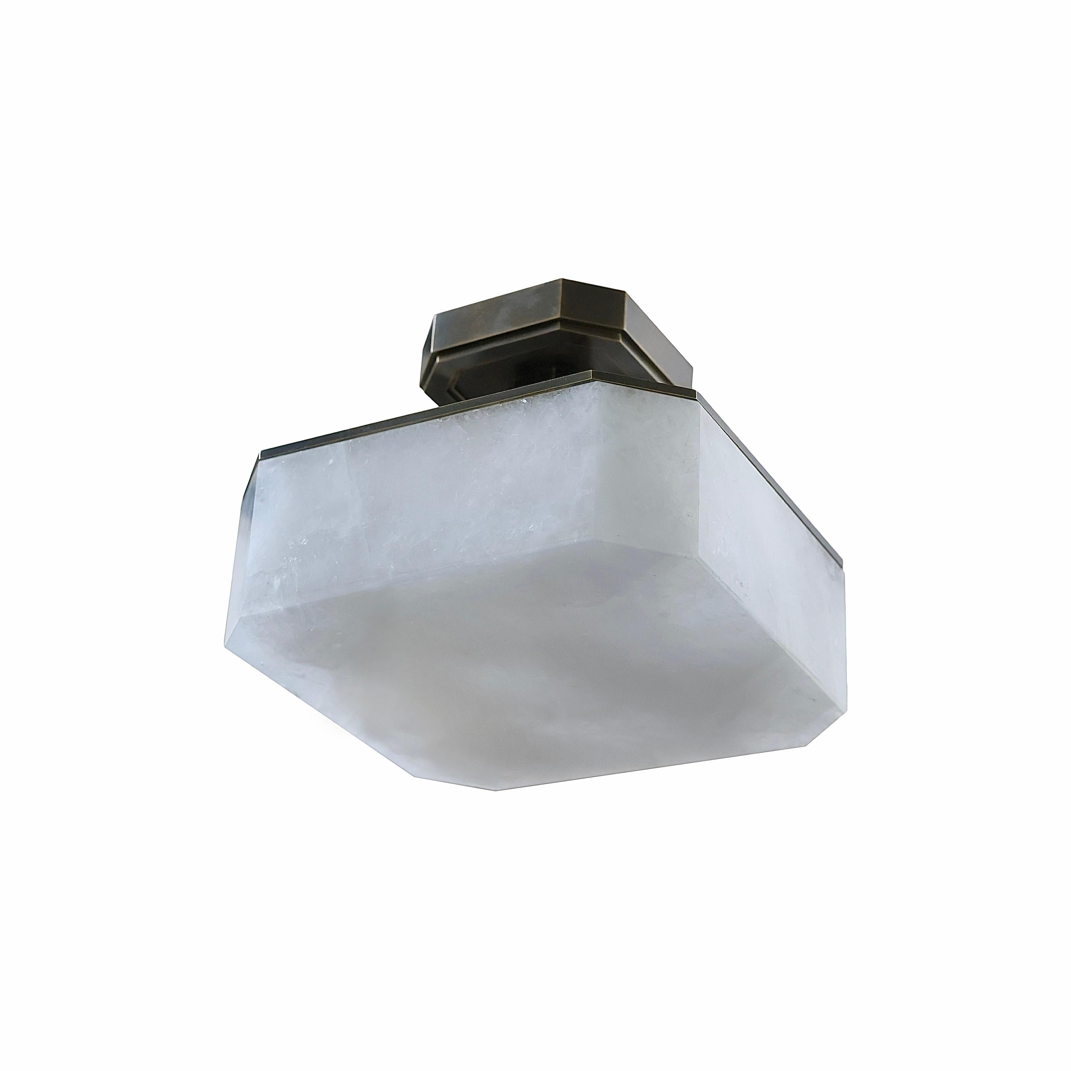 Carved  octagonal form rock Crystal semi flush mount,created by Phoenix 
Aged brass finish 
Three E12 socket installed,180w total 
Custom size and metal finish upon request 