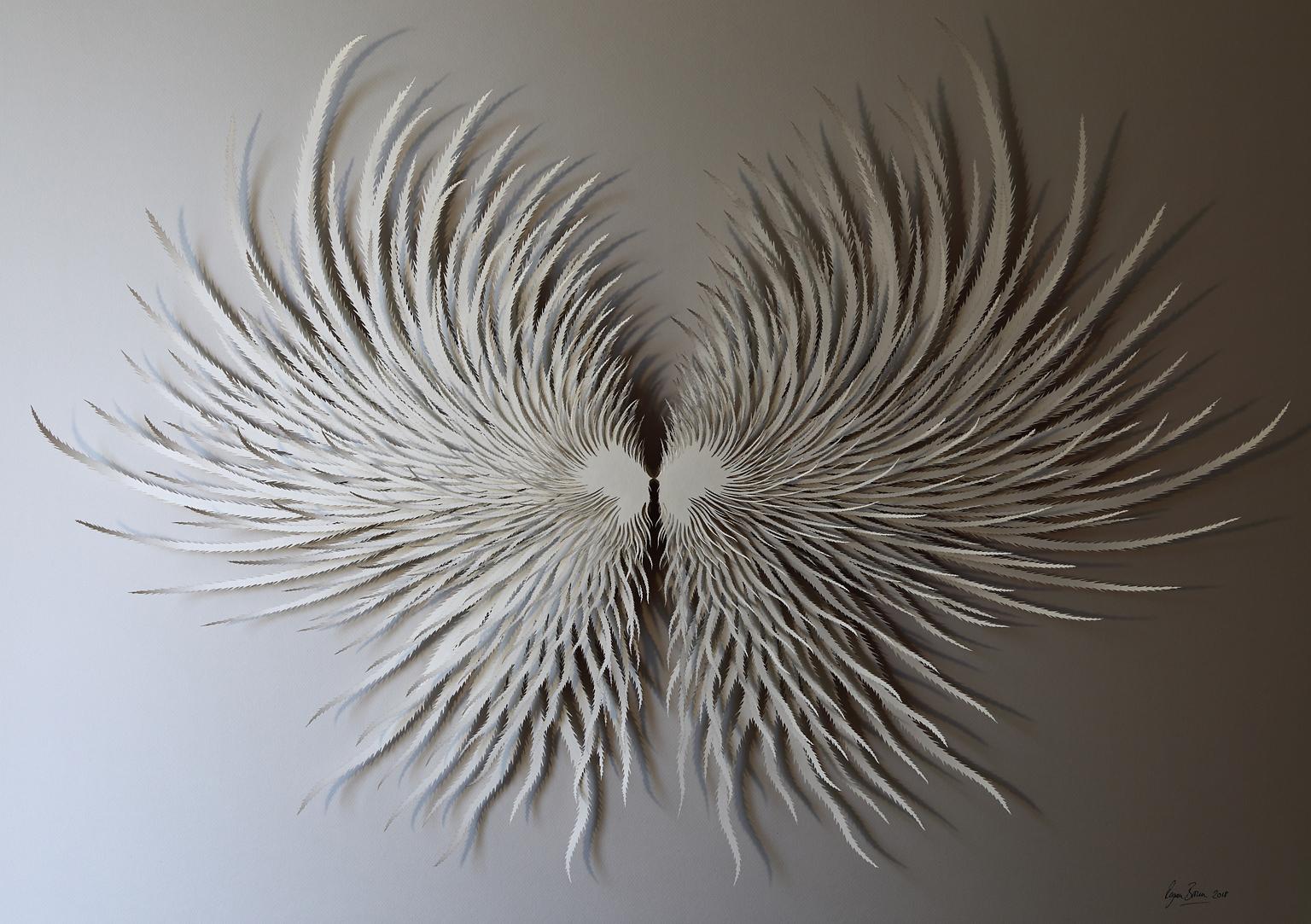 Rogan Brown Abstract Sculpture - "Angel Wings 2", Hand Cut and Laser Cut Paper Wall Sculpture, Butterfly