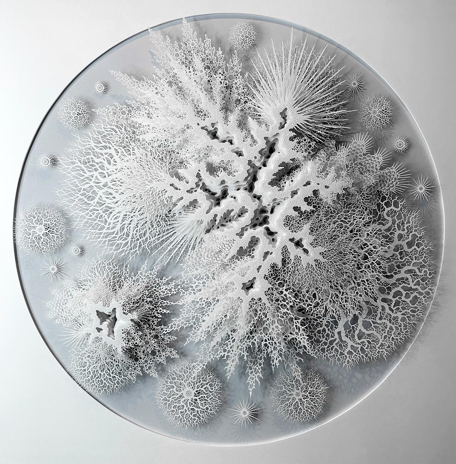 „Cell Colony“, Wandreliefskulptur aus handgeschliffenem, lasergeschnittenem Papier