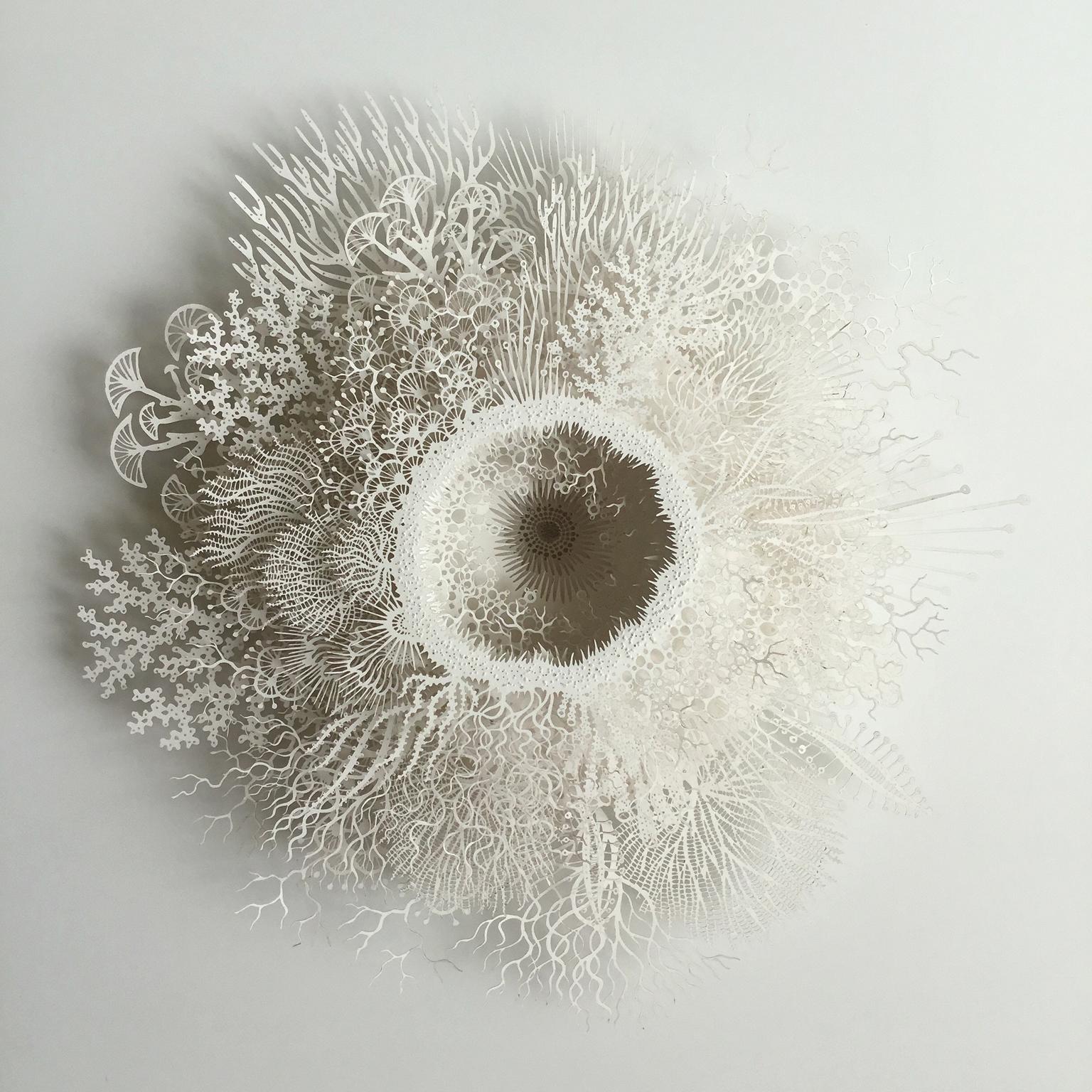 Rogan Brown Abstract Sculpture - "Ghost Coral", Organic Hand Cut, Laser Cut, Paper Wall Sculpture, White