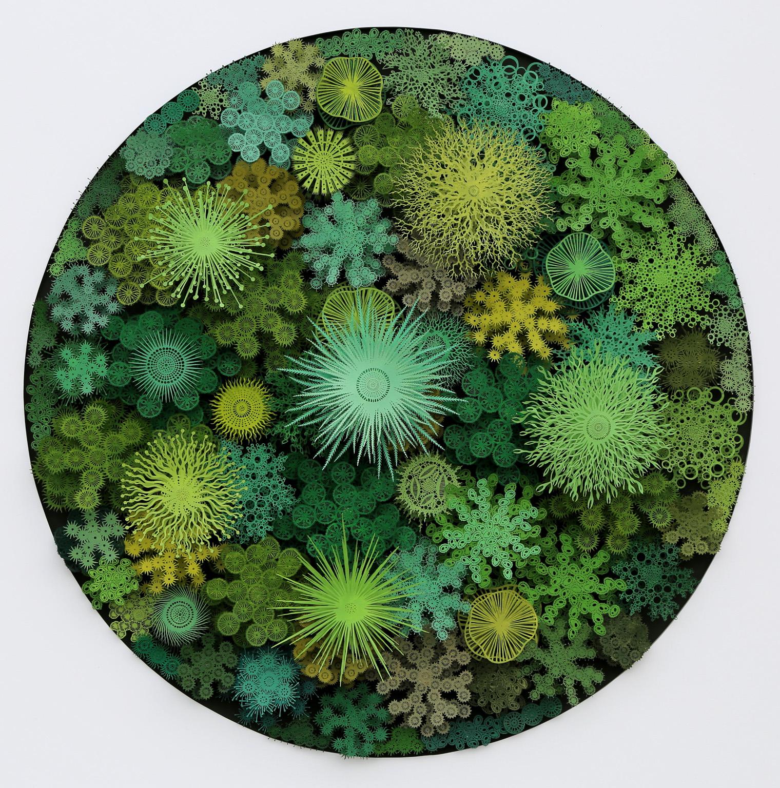Rogan Brown Abstract Sculpture - "Magic Circle in Green", Organic Hand Cut, Laser Cut, Paper Wall Sculpture
