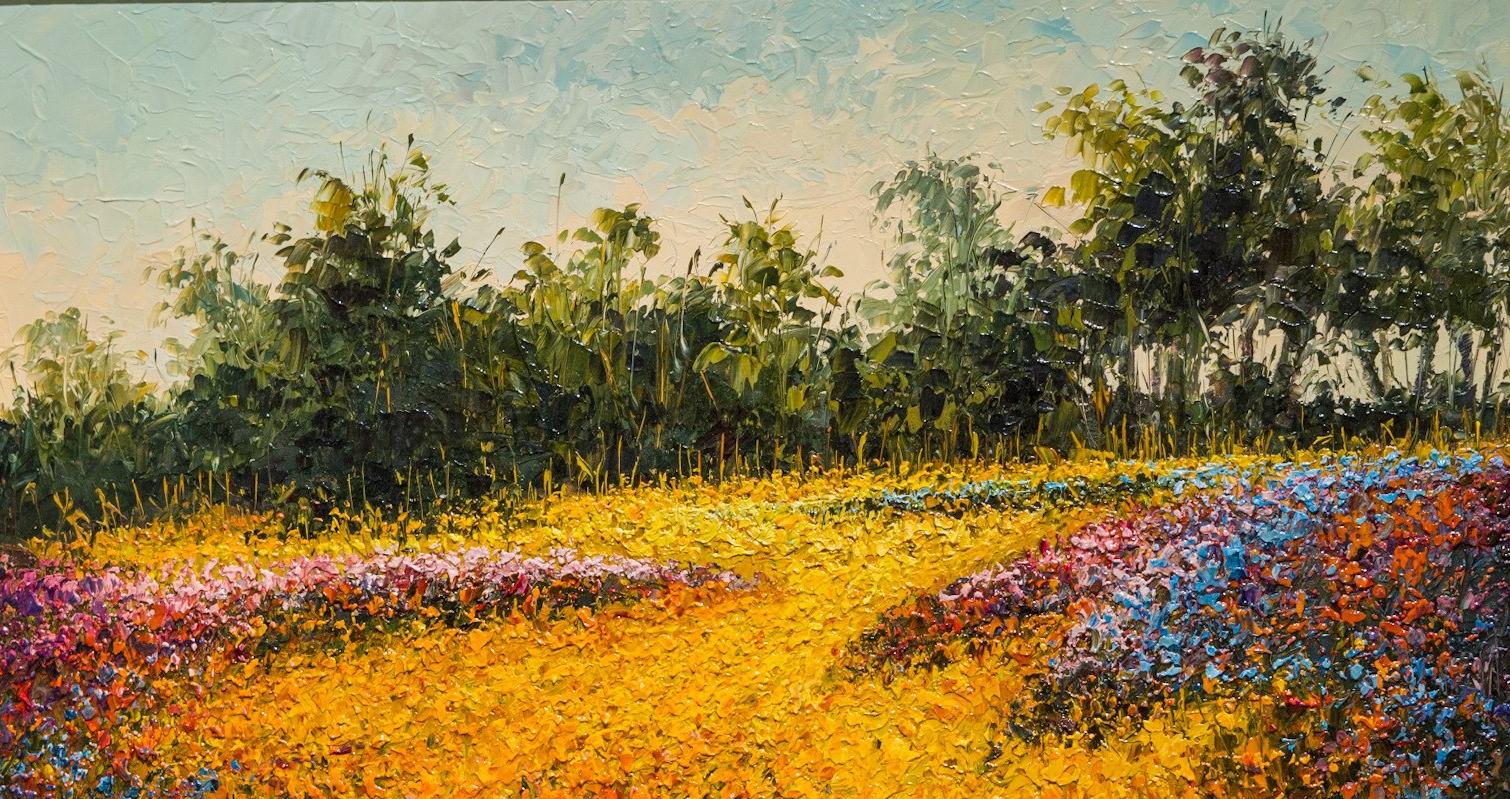 Campo di fiori  Olio su pannello   Coltello per tavolozza  Artista messicano  14 x 19 incorniciato - Landscape Painting Marrone di Rogelio Anguiano Cabrera