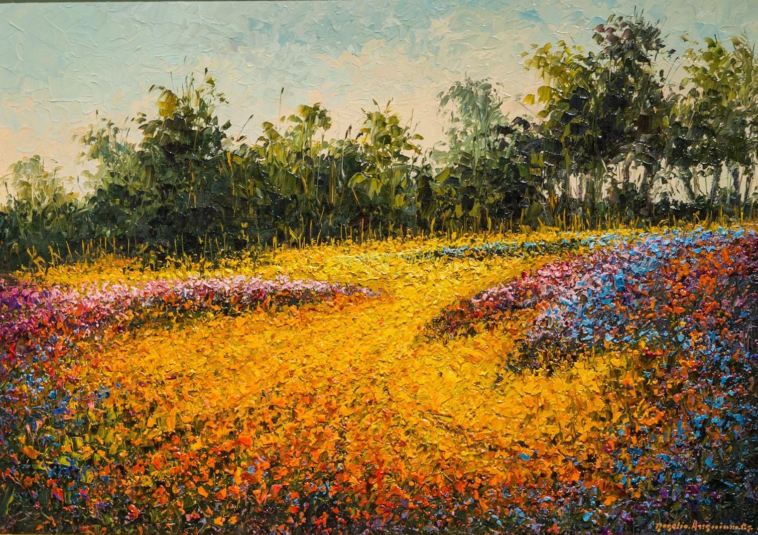 Rogelio Anguiano Cabrera Landscape Painting -  Field of Flowers  Oil on Panel   Palette Knife  Mexican Artist  14 x 19 framed 