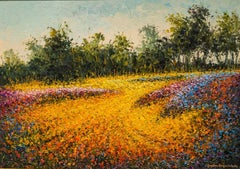  Field of Flowers  Oil on Panel   Palette Knife  Mexican Artist  14 x 19 framed 