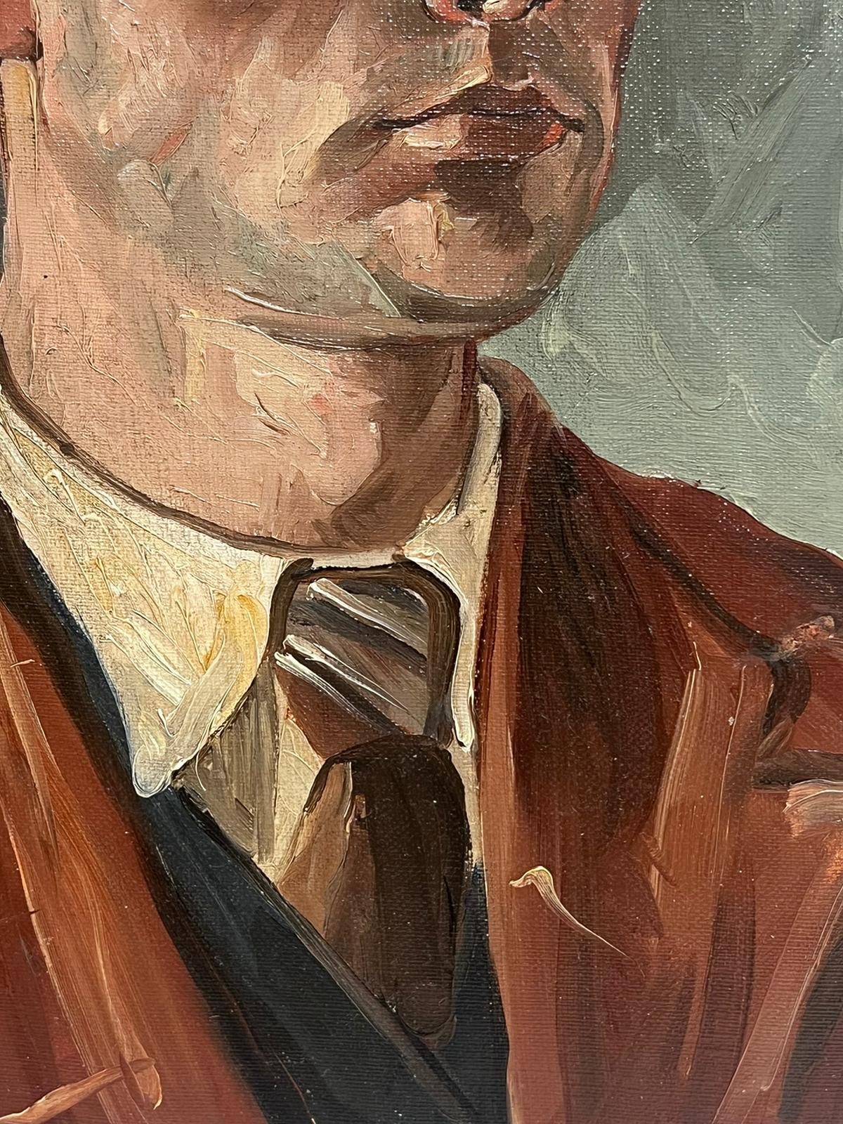 1940's French Oil Painting Portrait of a Man in Brown Jacket & Tie 3