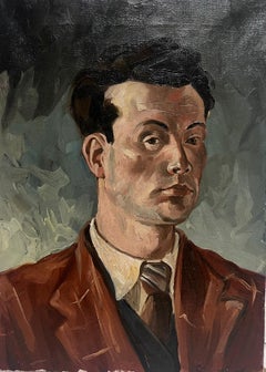 1940's French Oil Painting Portrait of a Man in Brown Jacket & Tie