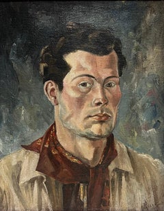 Portrait de jeune homme français des années 1940 Huile sur toile originale signée Cadre d'époque