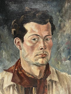 Portrait de jeune homme français des années 1940 Huile sur toile originale signée Cadre d'époque