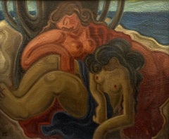 Roger Astruc. The two friends, 1944. Cubist oil painting. Framed.