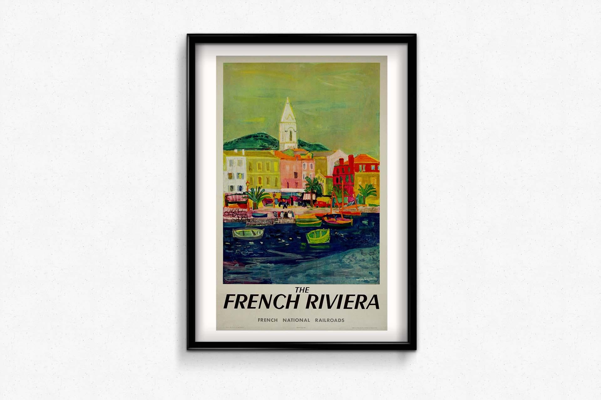 Step into the sun-drenched world of the French Riviera through the lens of Roger Bezombes' enchanting 1956 poster, a radiant masterpiece created for the French National Railroads (SNCF). This vintage gem invites us to embark on a visual journey that