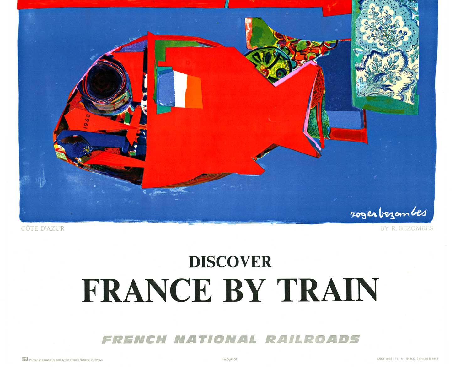 Original Cote D' Azur Entdecken Sie Frankreich mit dem Zug Vintage-Eisenbahn-Reiseplakat (Surrealismus), Print, von Roger Bezombes
