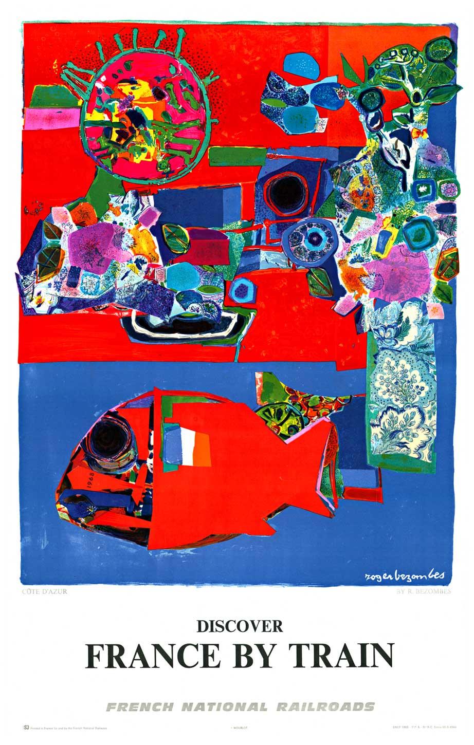 Roger Bezombes Animal Print – Original Cote D' Azur Entdecken Sie Frankreich mit dem Zug Vintage-Eisenbahn-Reiseplakat