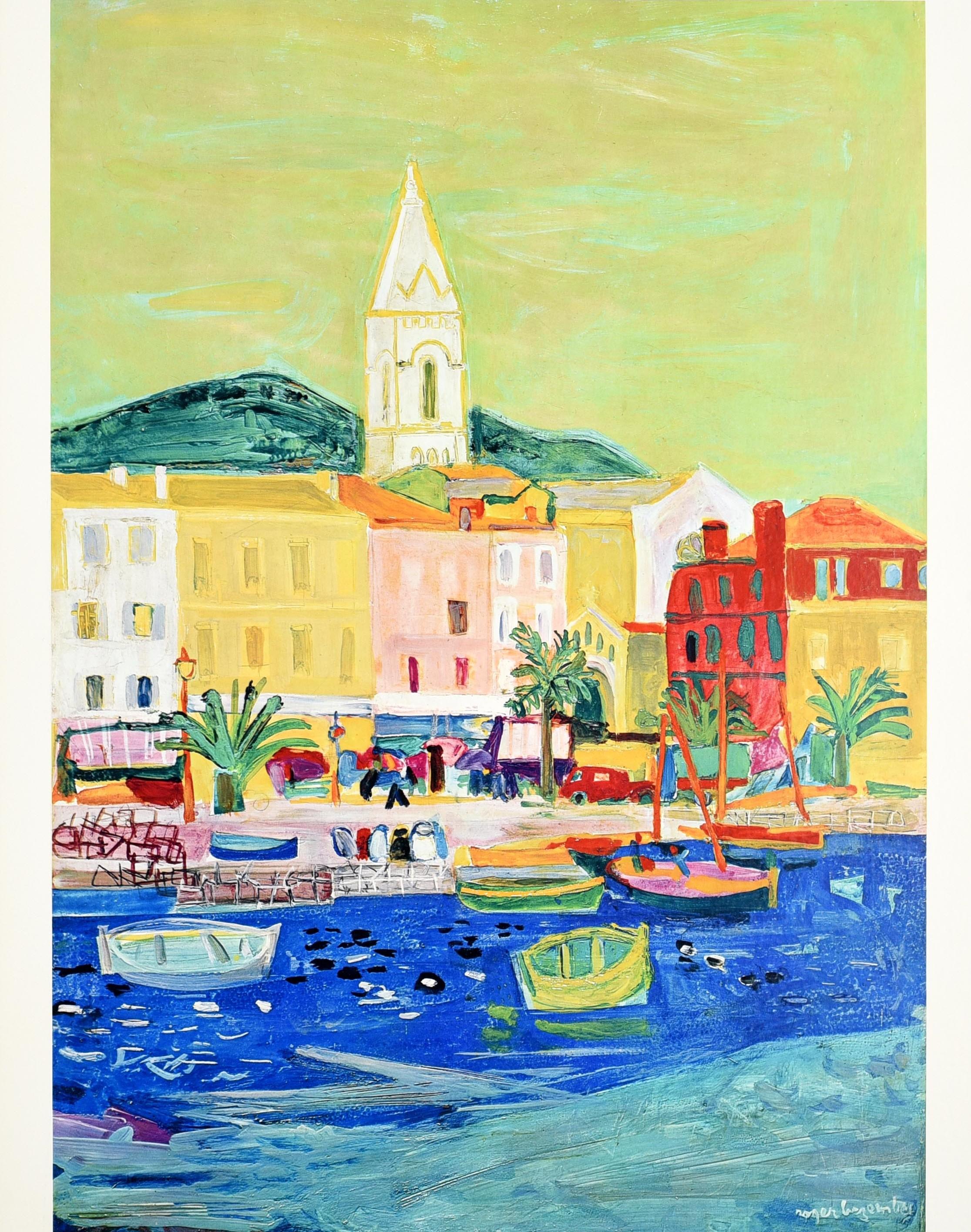 Poster di viaggio originale d'epoca per la Costa Azzurra di Roger Bezombes (1913-1994): Discover France by Train French National Railroads (Scoprire la Francia in treno) con una colorata veduta della Costa Azzurra che mostra un terrapieno