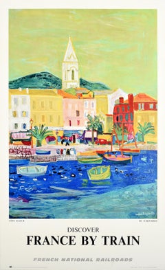 Original Vintage Poster Discover France By Train Cote D'Azur French Riviera Art