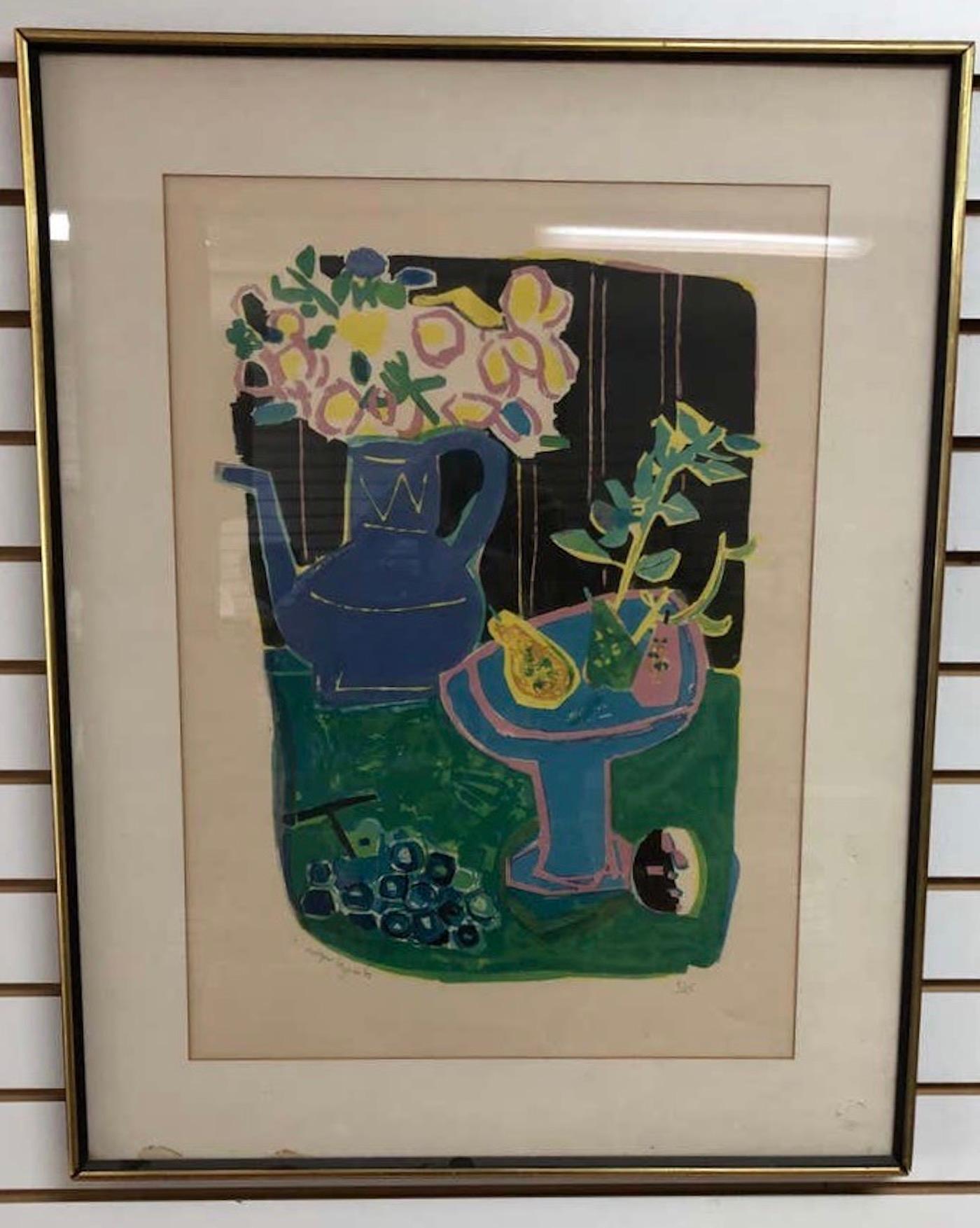 Roger Bezombes: 1913-1994. Well listed French artist with auction prices for lithographs over $2000. This fantastically colorful still life is pencil signed and numbered 83/125. He completed this piece in 1958. Sorry for the glare in pictures very