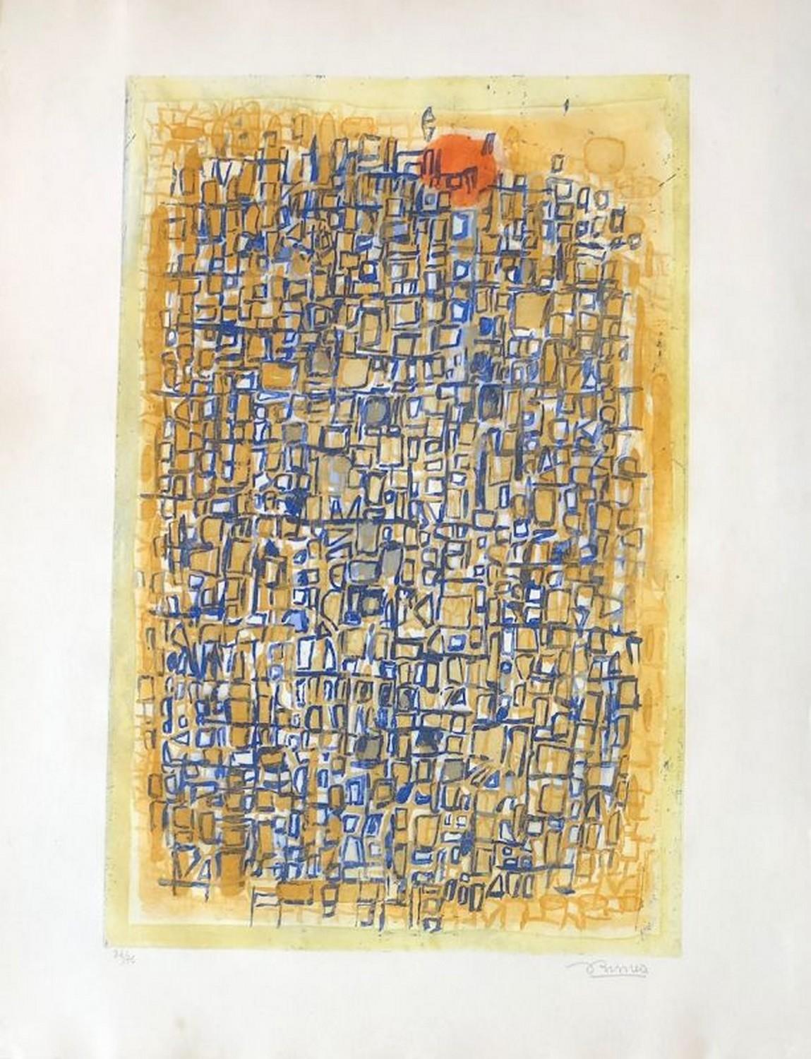 Roger Bissière Abstract Print - Composition sur fond jaune 
