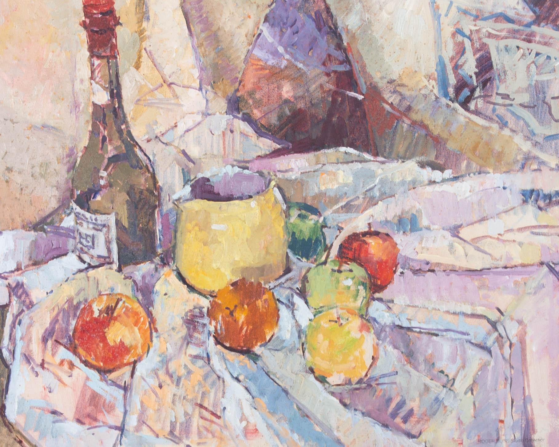 This dynamic painting incorporates a neutral palette and expressive brushstrokes to create a fresh still life scene. In a masterful hand the artist has captured the intricate folds of the material under the objects, all while keeping a lose, relaxed
