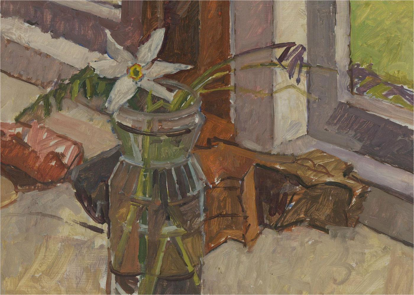 Roger Bliss - 20th Century Oil, White Flower by Window Sill 1
