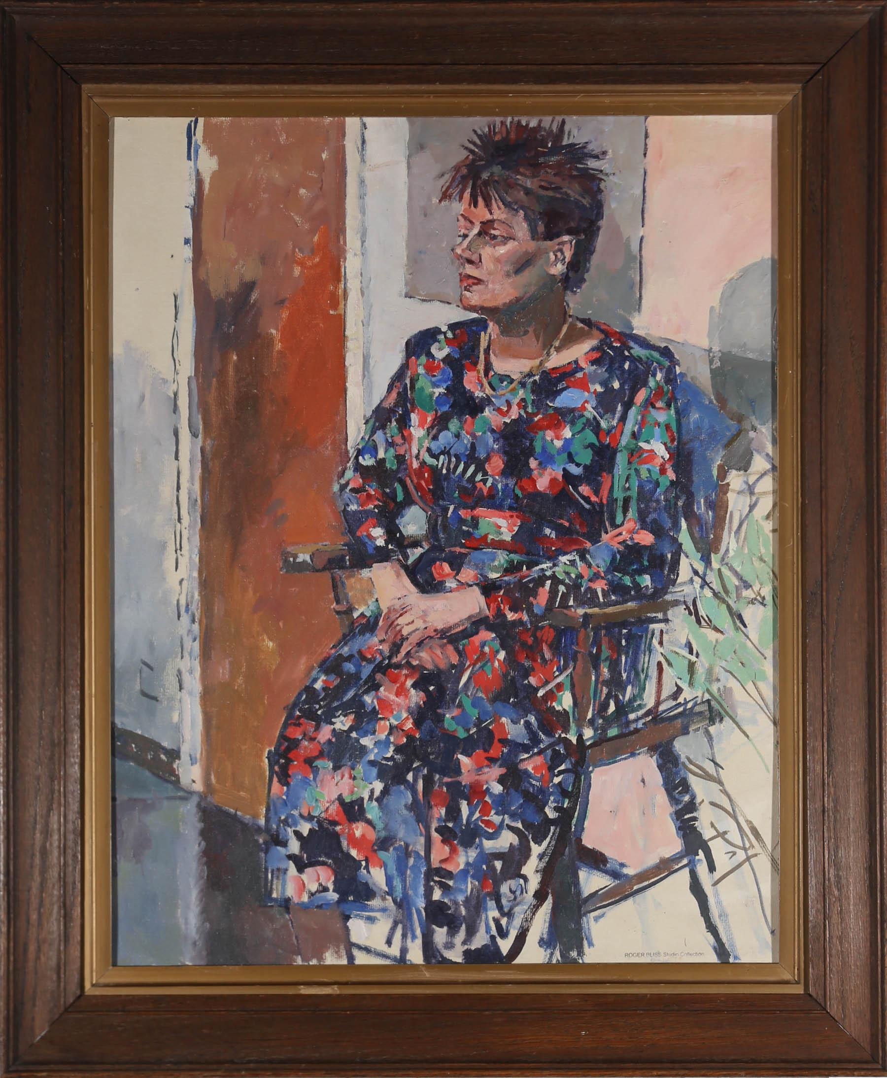 A fine 20th Century oil portrait in a gestural impressionistic style showing a woman dressed in bright florals, with elbows rested in a wooden arm chair. Jarring with the women's daring fashion scene is her crop red hair, spiked through the top in a