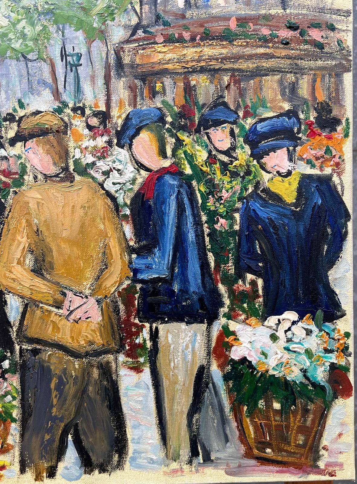 Paris Marché aux fleurs Scène de rue animée 20ème siècle Peinture à l'huile française signée en vente 6