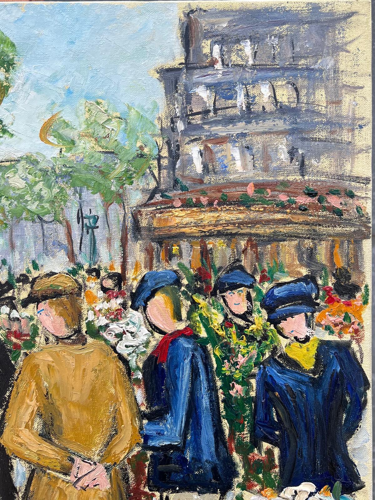 Paris Marché aux fleurs Scène de rue animée 20ème siècle Peinture à l'huile française signée en vente 7