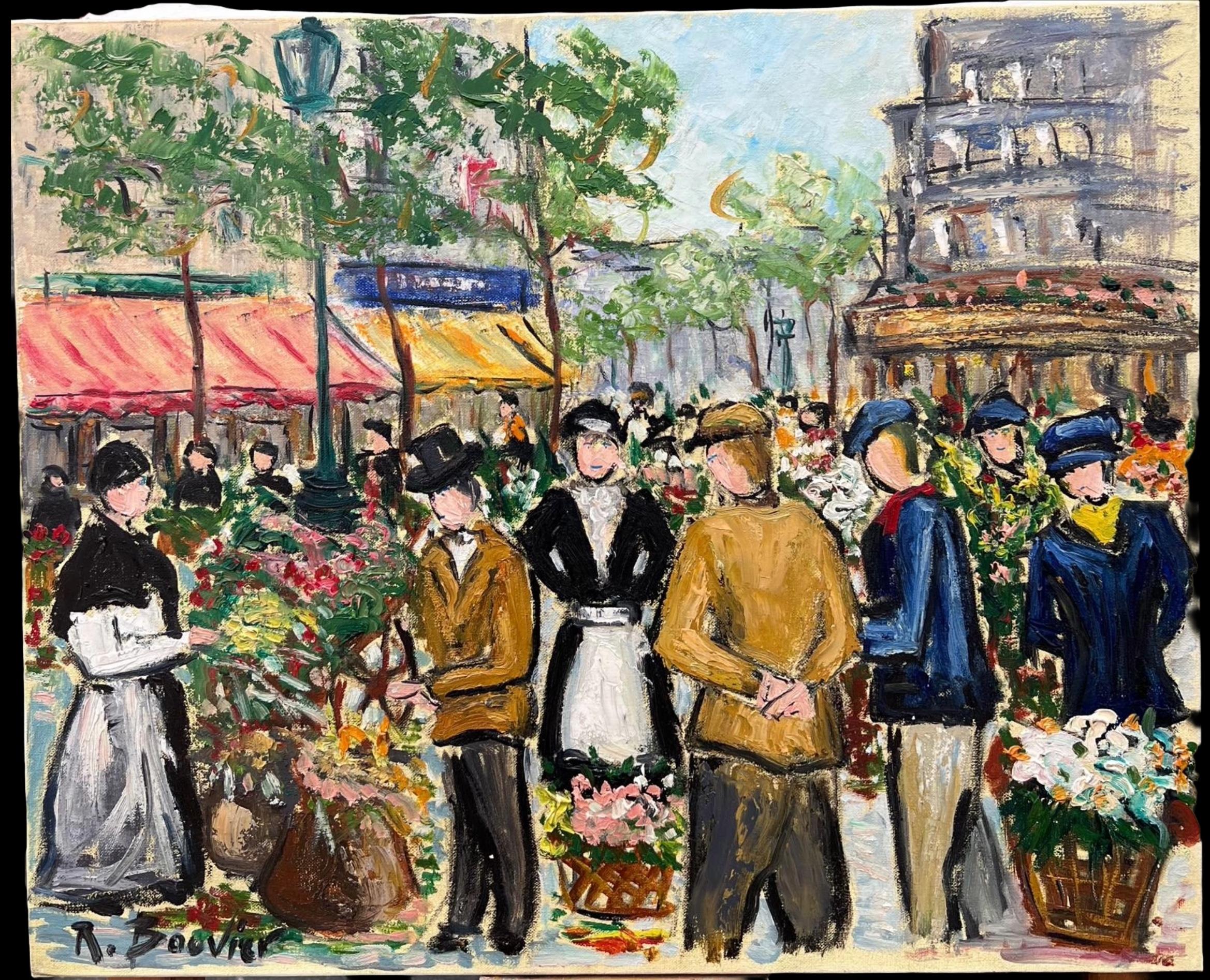 Paris Marché aux fleurs Scène de rue animée 20ème siècle Peinture à l'huile française signée - Painting de Roger Bouvier