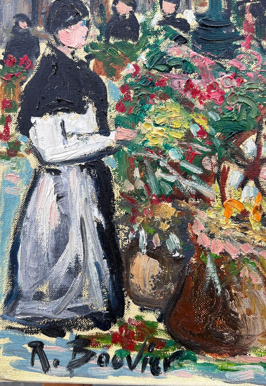 Paris Marché aux fleurs Scène de rue animée 20ème siècle Peinture à l'huile française signée - École française Painting par Roger Bouvier