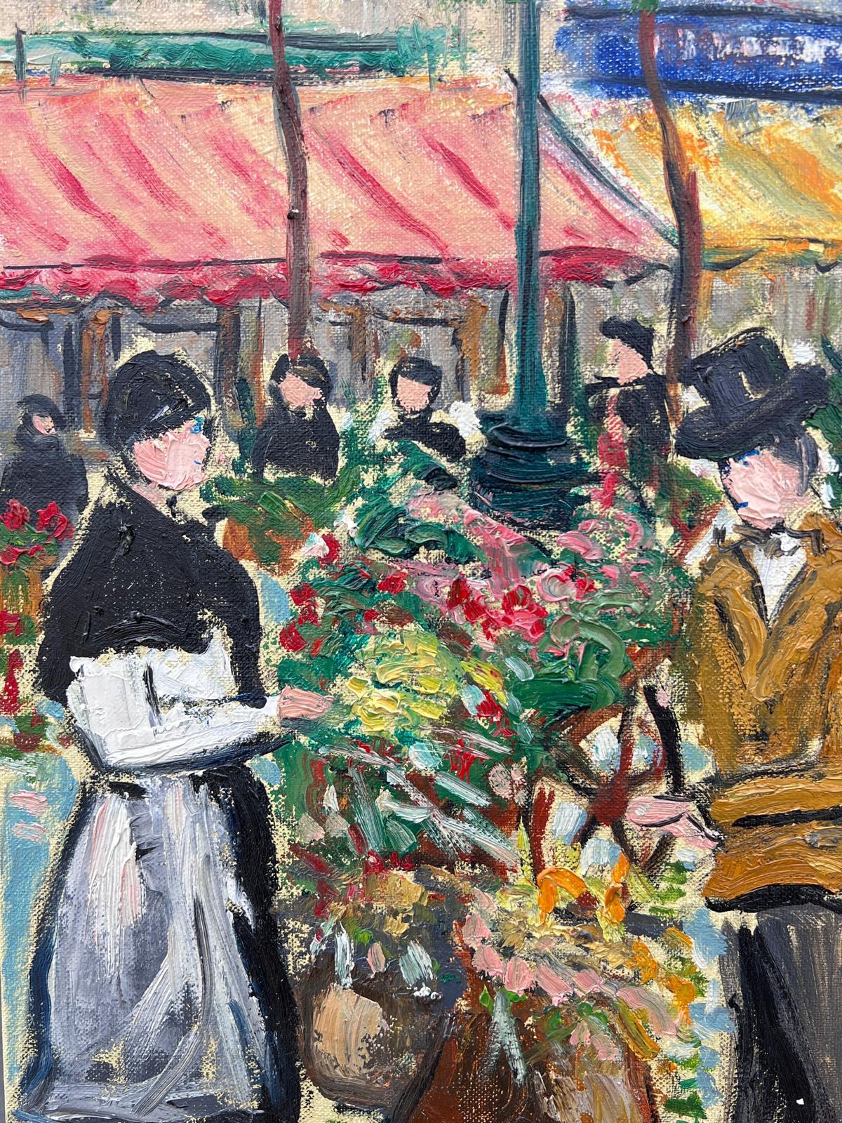 Paris Marché aux fleurs Scène de rue animée 20ème siècle Peinture à l'huile française signée - Marron Figurative Painting par Roger Bouvier