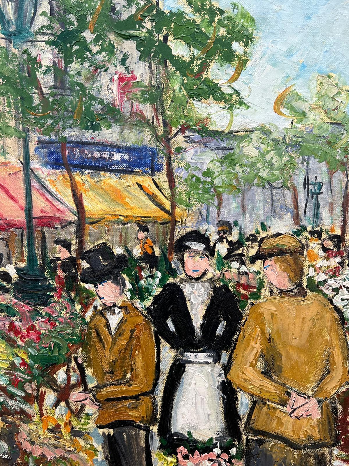 Paris Marché aux fleurs Scène de rue animée 20ème siècle Peinture à l'huile française signée en vente 1
