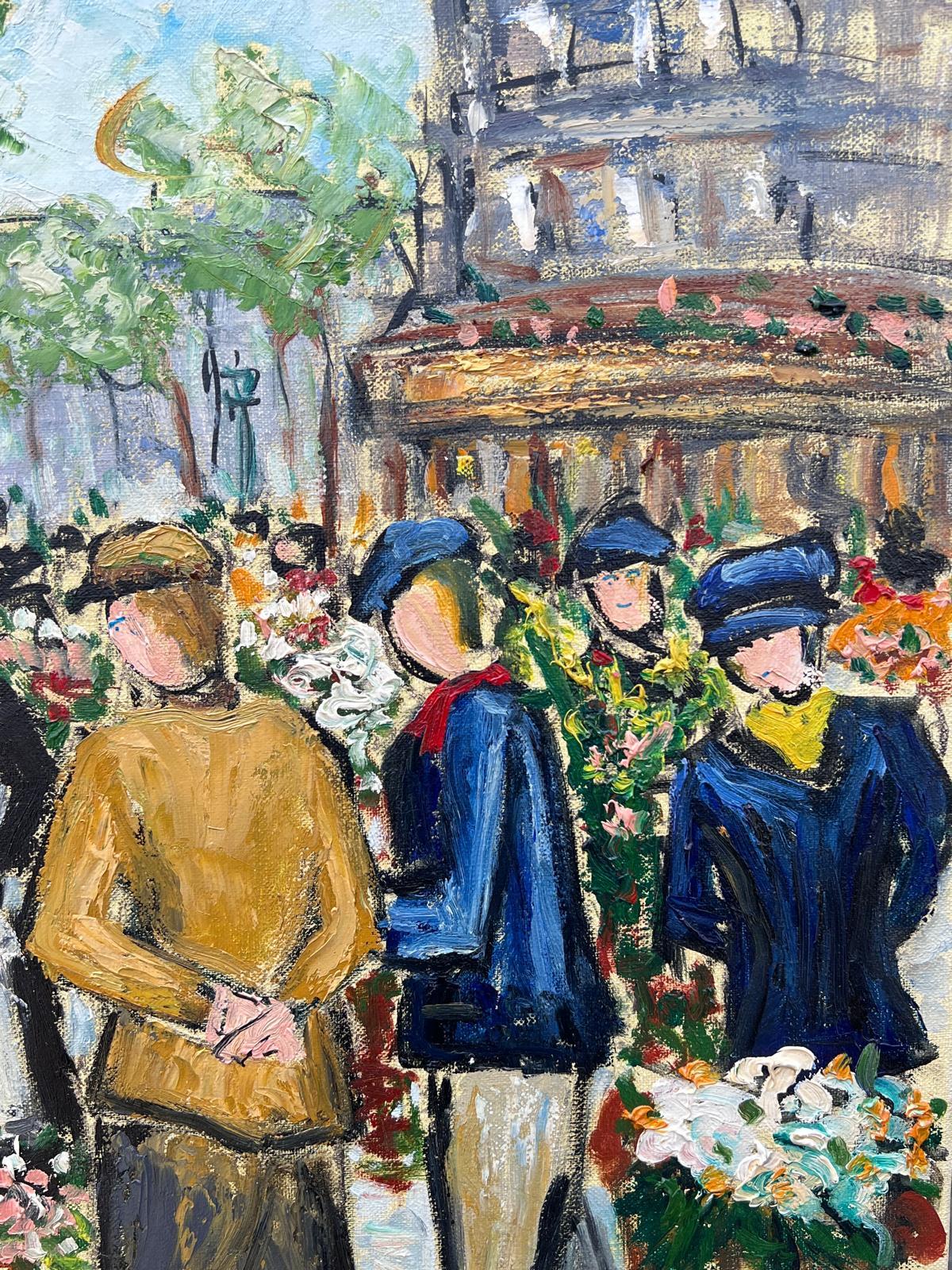 Paris Marché aux fleurs Scène de rue animée 20ème siècle Peinture à l'huile française signée en vente 2