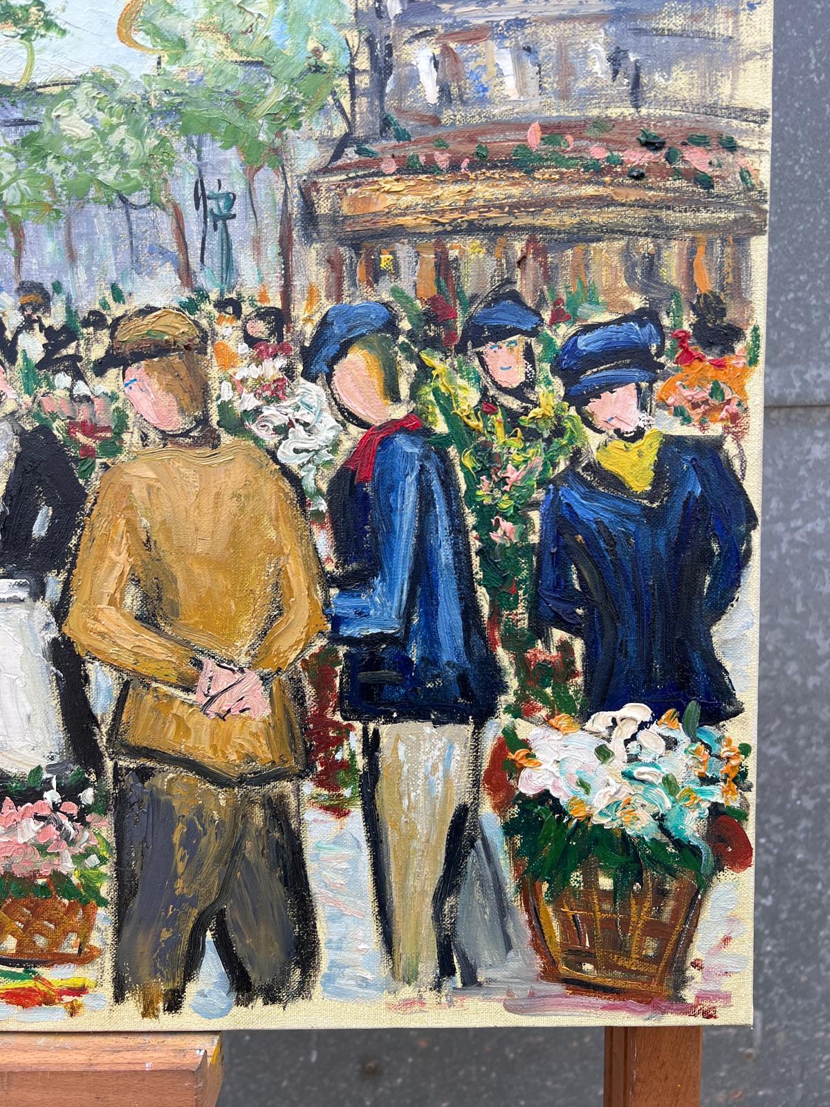 Paris Marché aux fleurs Scène de rue animée 20ème siècle Peinture à l'huile française signée en vente 3