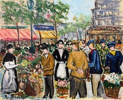 Paris Marché aux fleurs Scène de rue animée 20ème siècle Peinture à l'huile française signée