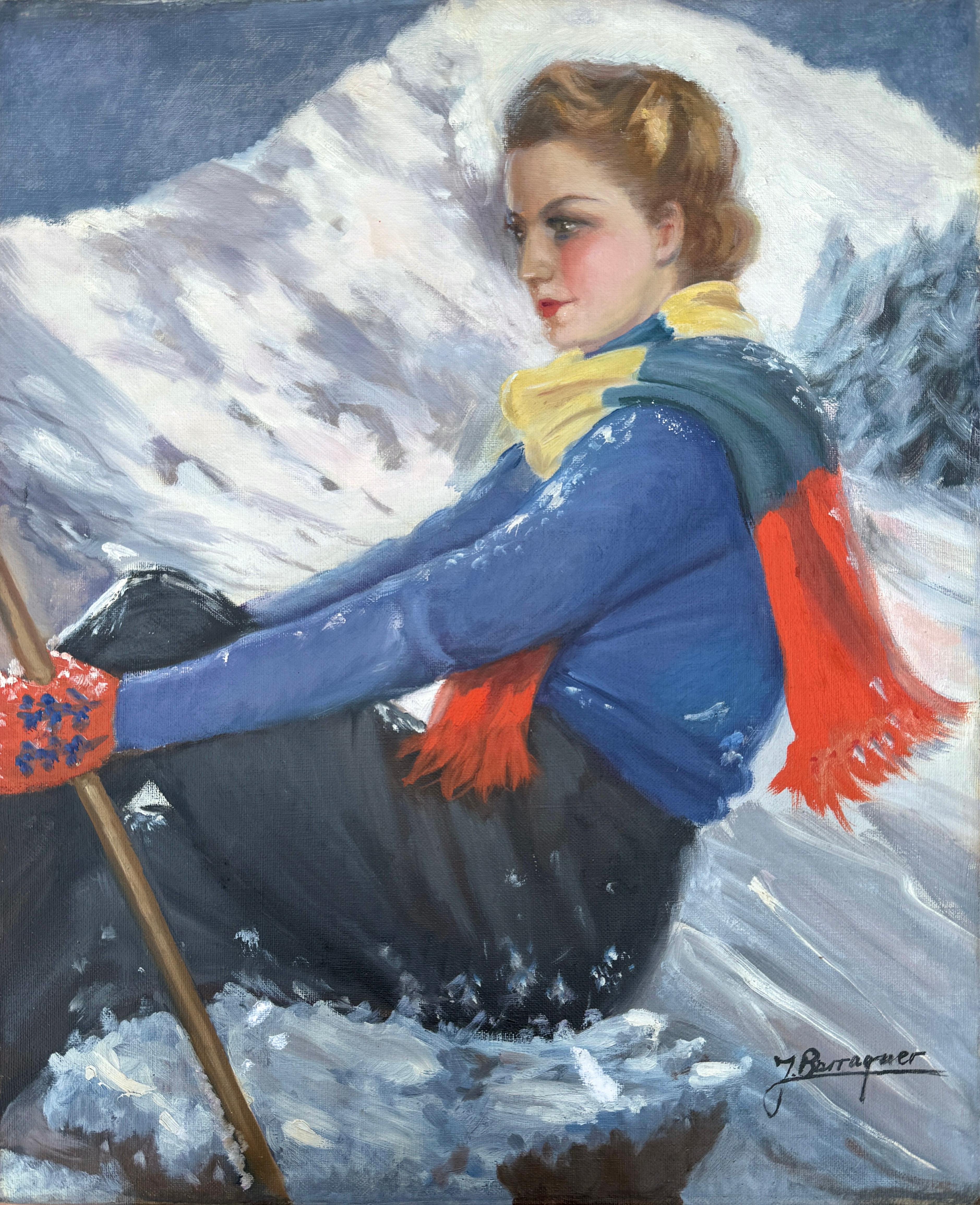 Elegant Female Skier Portrait Alpine Scene circa 1930s European School Barcelona