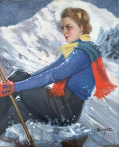 Elegant Female Skier Portrait Alpine Scene circa 1930s European School Barcelona