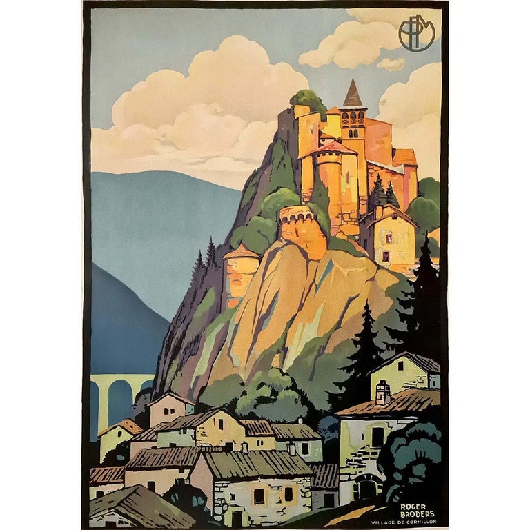 1929 original poster by Roger Broders - PLM Railway - Village of Cornillon For Sale 1